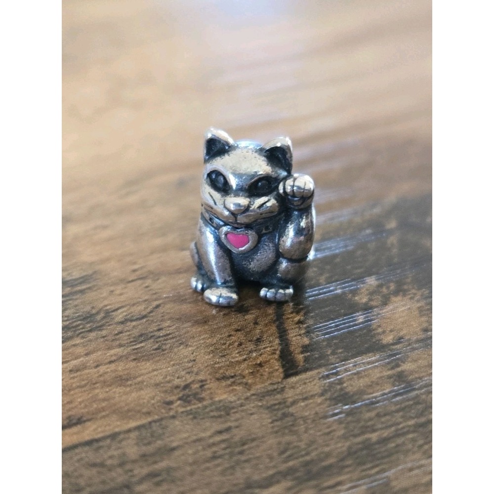 Pandora Lucky Cat Waving Paw Sterling Silver 925 ALE Pink Enamel Heart Charm